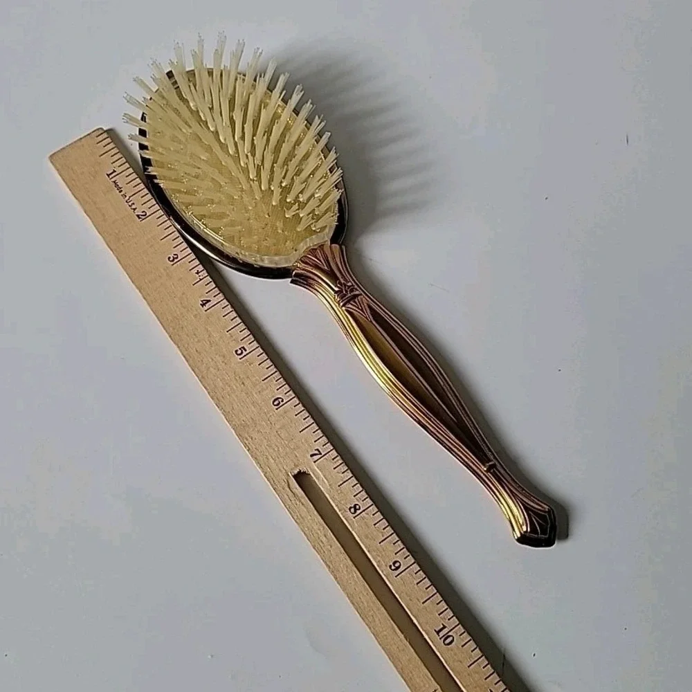 Vintage Handheld‎ Vanity Mirror Brush Set Brass Handle Ornate Floral Art Deco